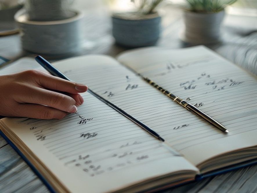 Routine planning worksheet Notebook with evening schedule written and marked