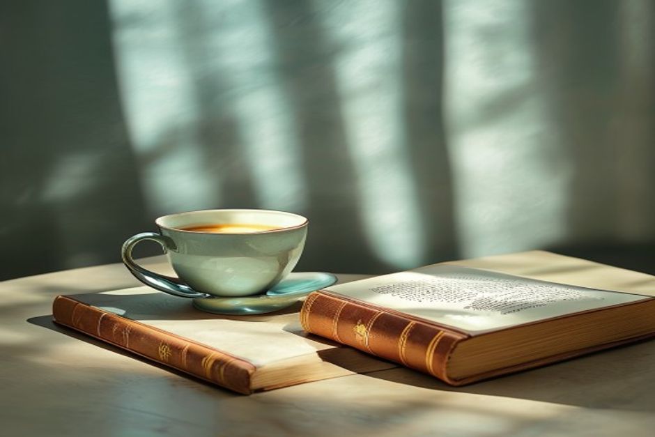 Herbal tea cup and book on side table